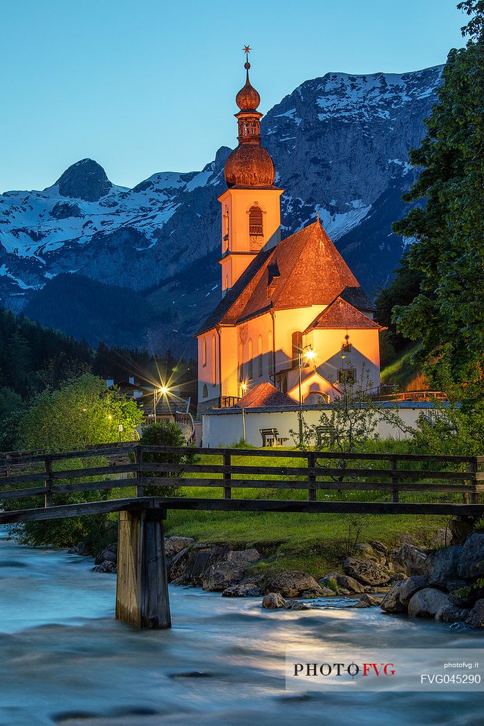 Parish church towards Reiter Alpe at twilight, Ramsau, Berchtegadener Land, Bavaria, Germany, Europe