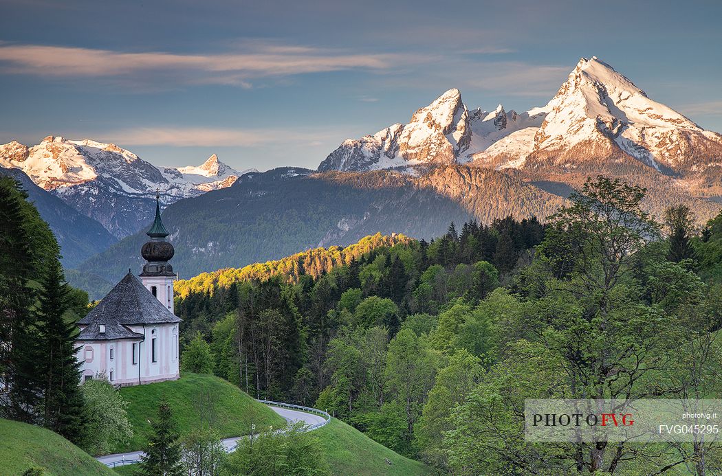 The pilgrimage church of Maria Gern against Funtenseetauern, Schoenfeldspitze and Watzmann at sunset, North of Berchtesgaden, Upper Bavaria, Germany, Europe The pilgrimage church of Maria Gern against Funtenseetauern, Schoenfeldspitze and Watzmann at sunset, North of Berchtesgaden, Upper Bavaria, Germany, Europe