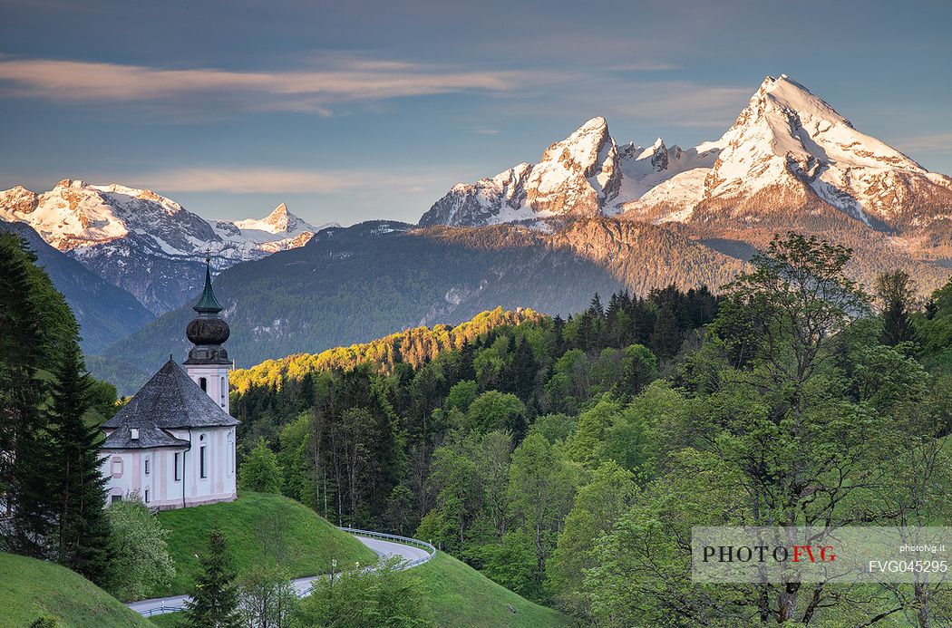 The pilgrimage church of Maria Gern against Funtenseetauern, Schoenfeldspitze and Watzmann at sunset, North of Berchtesgaden,  Upper Bavaria, Germany, Europe