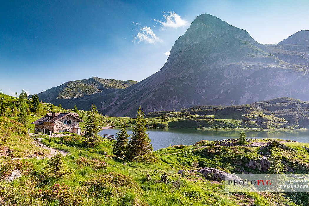 Colbricon lake and the hut, San Martino di Castrozza, dolomites, Trentino Alto Adige, Italy, Europe