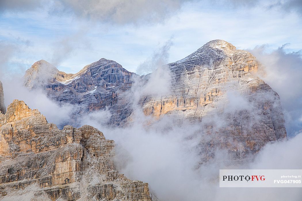 The Tofana di Rozes sourranded by clouds, Cortina d' Ampezzo, dolomites, Veneto, Italy, Europe
