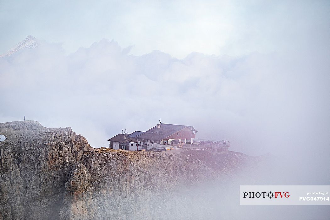 Lagazuoi refuge wrapped by fog, Cortina d'Ampezzo, dolomites, Veneto, Italy, Europe