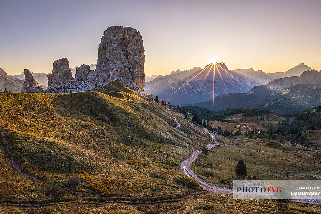 The Cinque Torri mount during the sunrise, Cortina d'Ampezzo, dolomites, Veneto, Italy, Europe