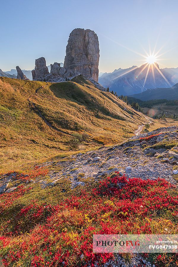 The Cinque Torri mount during an autumnal sunrise, Cortina d'Ampezzo, dolomites, Veneto, Italy, Europe