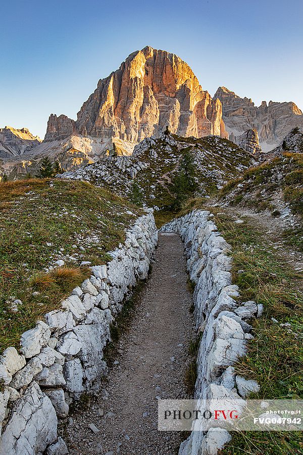 Trenches of the World War near Cinque Torri mount, on the background the Tofana di Rozes, Cortina d'Ampezzo, dolomites, Veneto, Italy, Europe