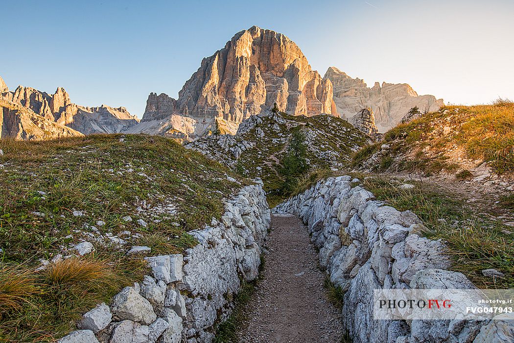 Trenches of the World War near Cinque Torri mount, on the background the Tofana di Rozes, Cortina d'Ampezzo, dolomites, Veneto, Italy, Europe