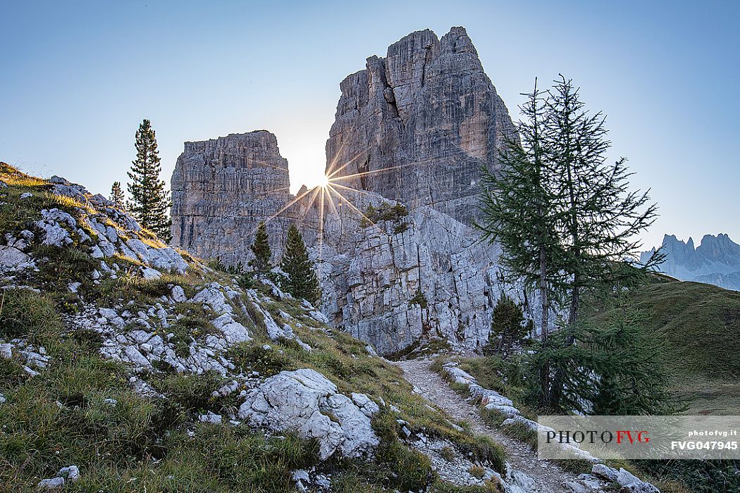 Unusual view of Cinque Torri at dawn, Cortina d'Ampezzo, dolomites, Veneto, Italy, Europe