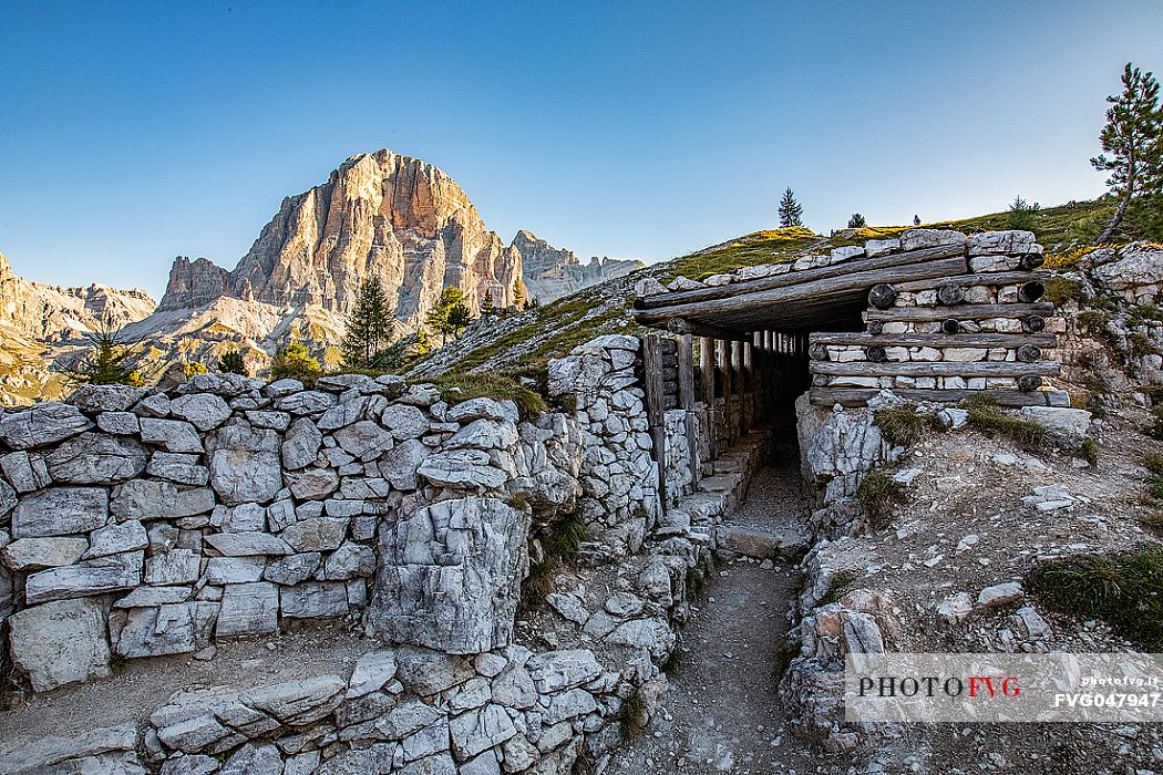 Trenches of the World War near Cinque Torri mount, on the background the Tofana di Rozes, Cortina d'Ampezzo, dolomites, Veneto, Italy, Europe