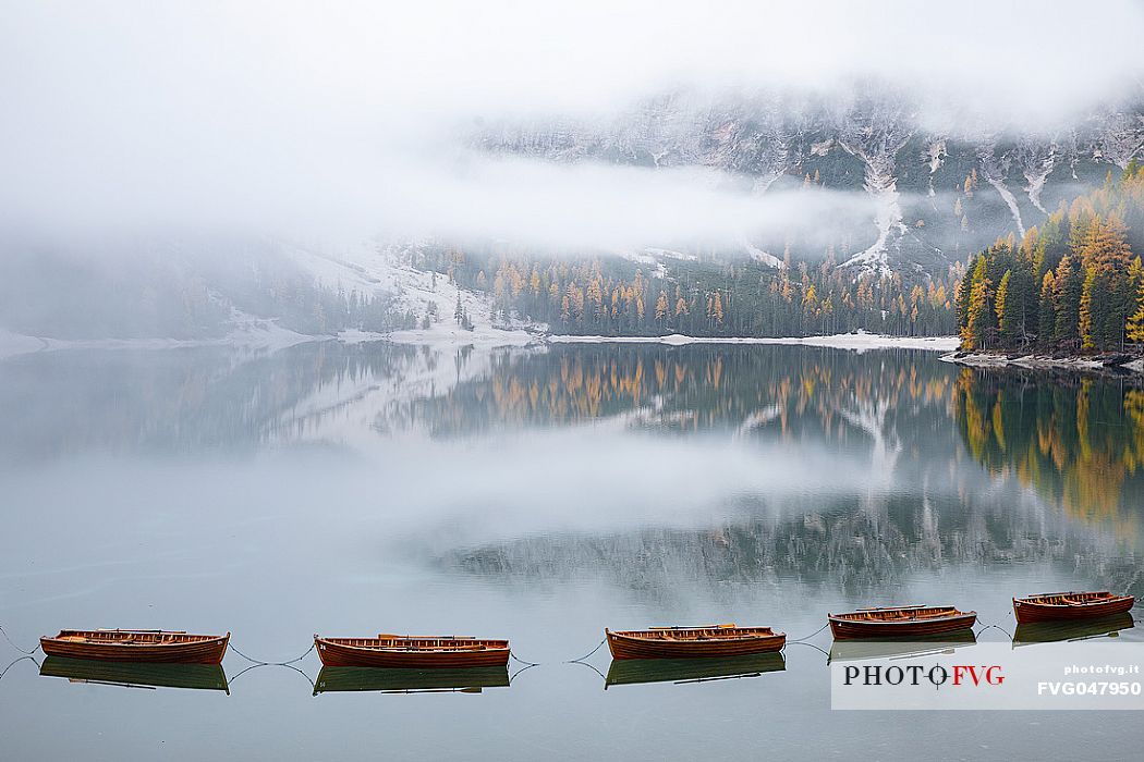 Row of boats moored in the lake of Braies in autumn, dolomites, Pusteria valley, Trentino Alto Adige, South Tyrol, Italy, Europe