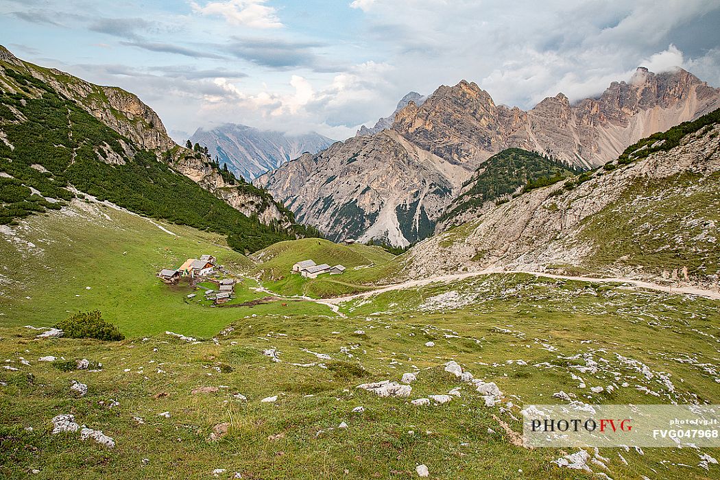 Colli Alti hut from above and in the background the Croda del Becco peak, Braies valley, dolomites, Trentino Alto Adige, Italy, Europe