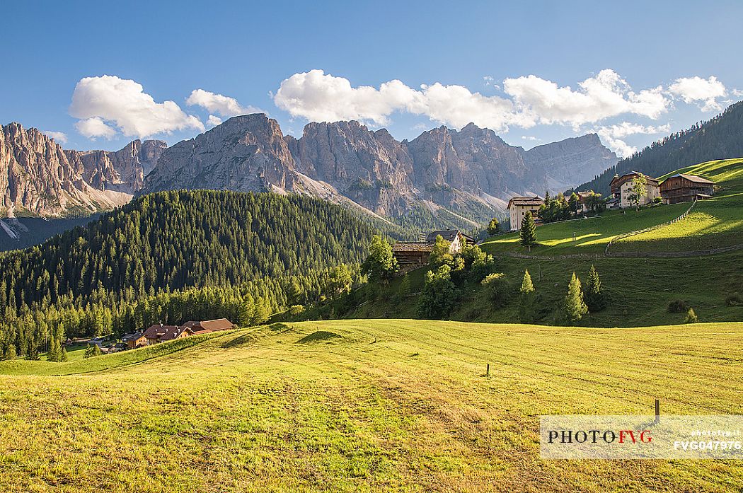 The rural village of Longiaru and in the background the Puez Odle mountain range, San Martino in Badia, Badia valley, dolomites, Trenino Alto Adige, South Tyrol, Italy, Europe