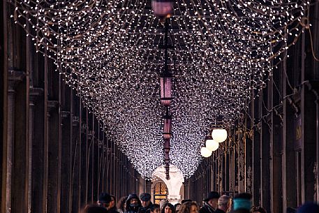 The arcades of St Mark square decorated for Christmas