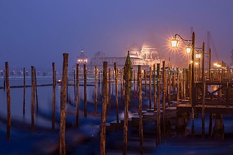 Evening's light on gondolas in St Mark basin ,on background the Basilica of St Mary of Health, commonly known simply as the Salute