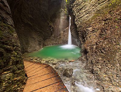 The emerald waterfall of Veliki Kozjak in Caporetto (Kobarid), Slovenia