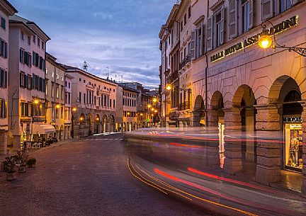 the Old Market Street light during  the blue hour in the historical center of Udine