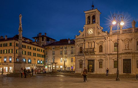 St. James Church and the statue of the Virgin in  San Giacomo square in the historic center of Udine