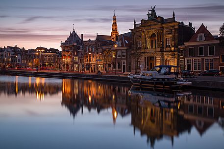 The port area of Haarlem , the capital of the Province of North Holland , with its palaces reflected in the Spaarne canal