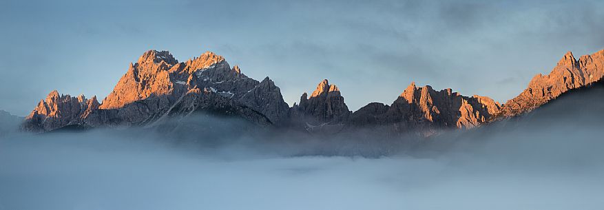 Sesto Dolomites at dawn ;
From left : Cima Colesei, Cima Nove, Croda Rossa, Cima Undici, Croda dei Toni, Pulpito, Cima Una, Croda Fiscalina, Punta Langlahn, Pusteria valley, Italy