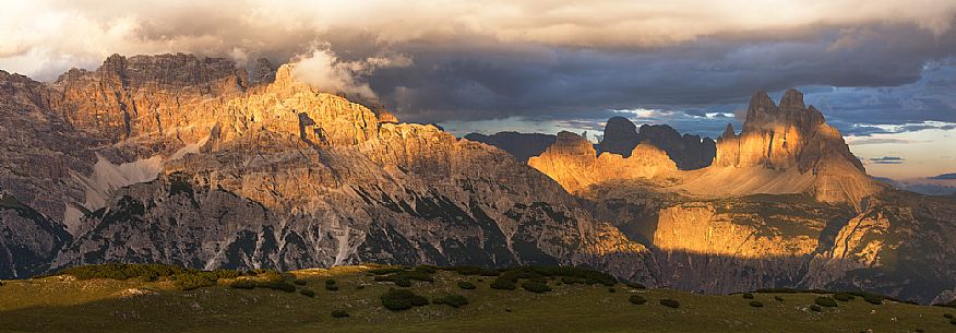 Panoramic view from Mount Specie with Tre Cime of Lavaredo at sunset