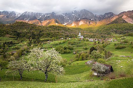 The village of Dresenza, a settlement of the Slovenian town of Caporetto, in the upper valley of the Soca or Isonzo river, Slovenia, Europe The village of Dresenza, a settlement of the Slovenian town of Caporetto, in the upper valley of the Soca or Isonzo river, Slovenia, Europe