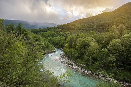 The emerald green color of the Soca or Isonzo river in Slovenia, Europe