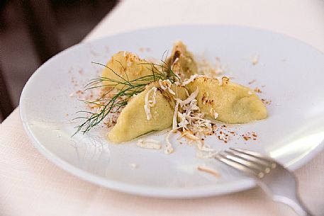 Dish of Cjarsons or Cjalsons, ravioli typical of Carnia, in Friuli-Venezia Giulia.