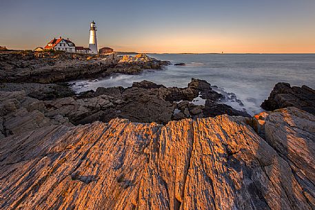 Sunset at the Portland Head Lighthouse, the oldest lighthouse in Maine, New England, USA