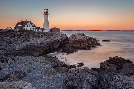 Sunset at the Portland Head Lighthouse, the oldest lighthouse in Maine, New England, USA