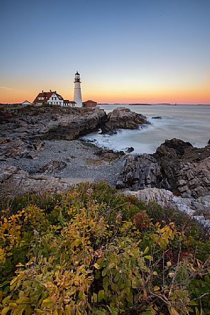 Sunset at the Portland Head Lighthouse, the oldest lighthouse in Maine, New England, USA