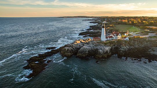 Sunset at the Portland Head Lighthouse, the oldest lighthouse in Maine, New England, USA