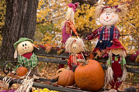 Fall decor with rag dolls and pumpkins at halloween time, Vermont, New England, USA