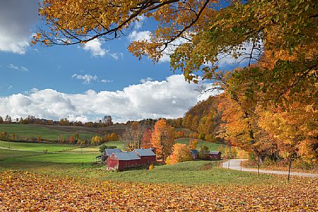 The countryside of Woodstock in the Vermont country and the Jenne farm on background, New England, USA The countryside of Woodstock in the Vermont country and the Jenne farm on background, New England, USA