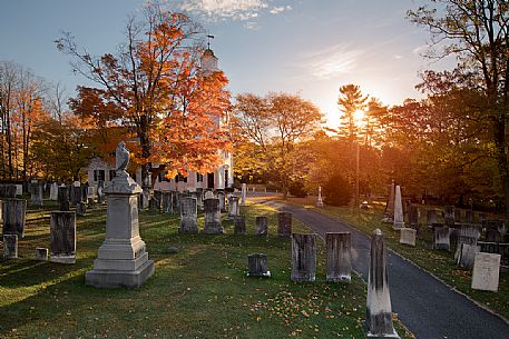 The church of Lenox and the cemetery  in an autumn morning, Berkshire County, New England, USA