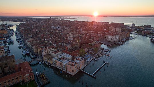 Chioggia and the Venice lagoon from above at sunset, Chioggia, Italy