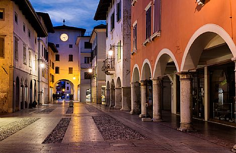 Corso Roma and the Torre Occidentale, the historical centre of Spilimbergo at sunset, Italy