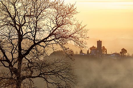 Sunset at the old church of Kojsko in the littoral region of Slovenia, Europe