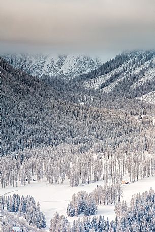 Fiscalina valley view from above after an intensive snowfall, Dolomites of Sesto Natural Park