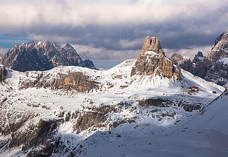 View of the Torre di Toblin and the Locatelli hut, in the background the Punta dei Tre Scarperi, in the Tre Cime Natural Park, Dolomites, Italy