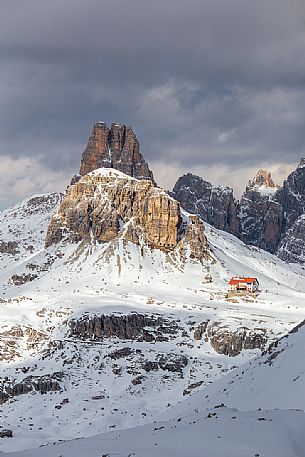 View on the Locatelli hut with the Sasso di Sesto  and the Torre di Toblin  in the background, in the Tre Cime Natural Park, dolomites, Italy