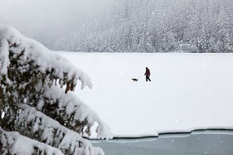 Walk under the snow on Lake Anterselva, Pusteria Valley, Italy