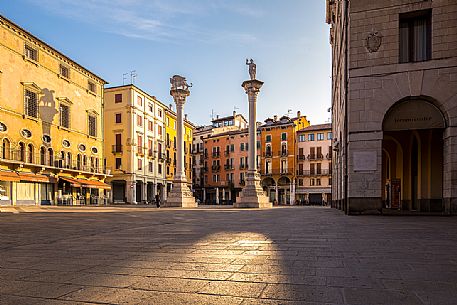 Piazza dei Signori, the main square in the historical center of Vicenza with the two columns erected between the fifteenth and seventeenth centuries