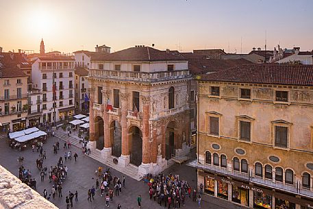 View of Piazza dei Signori with the Palace of the Capitaniato from the Palladian Basilica's terrace at sunset, Vicenza, Italy