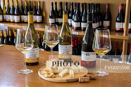 The wines of the Cantina Pisoni cellar and cheese plate, Valley of Lakes, Valle dei Laghi, Trentino, Italy