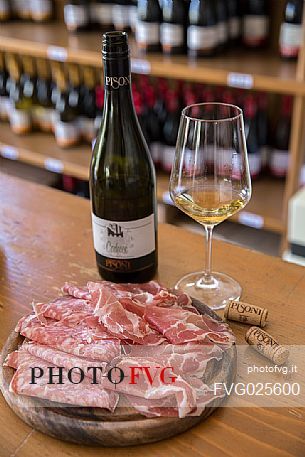 Cured meat and wine of the Cantina Pisoni cellar, Valley of Lakes, Valle dei Laghi,Trentino, Italy