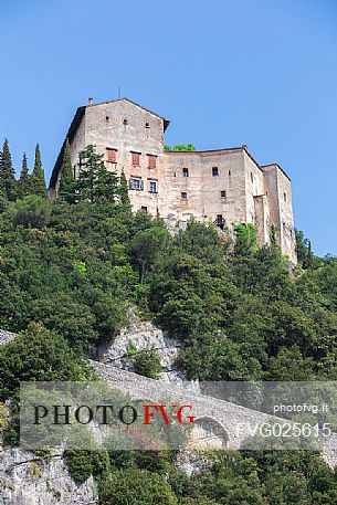 Castle Madruzzo, a medieval castle set on a rocky hill overlooking the homonymous village, Valley of Lakes, Valle dei Laghi, Trentino, Italy 
