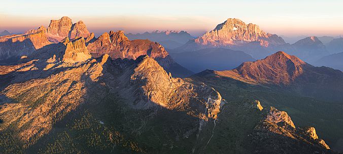 Light and shadow games at sunset on the Dolomites of Ampezzo from the terrace of the Lagazuoi refuge,Cortina D'Ampezzo, Dolomites, Italy
