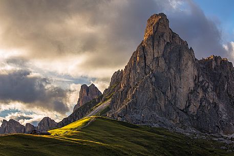 Ra Gusela at sunset from Giau Pass, Dolomites, Cortina D'Ampezzo, Italy Ra Gusela at sunset from Giau Pass, Dolomites, Cortina D'Ampezzo, Italy