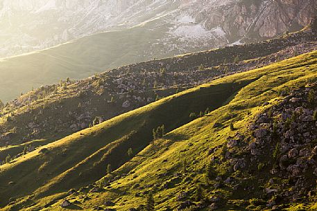 Golden hour of sunset on the meadows of Giau Pass, dolomites, Italy Golden hour of sunset on the meadows of Giau Pass, dolomites, Italy
