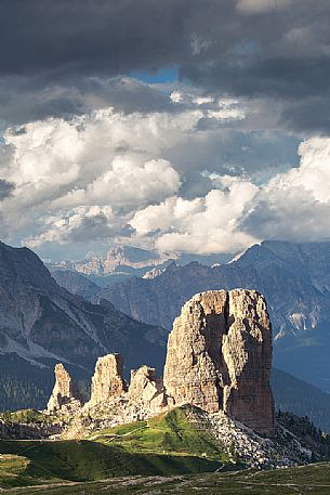 The Cinque Torri illuminated by the last ray of lights during a sunset, Dolomites, Cortina D'Ampezzo,  Italy