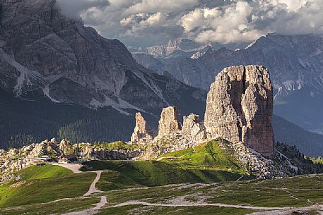 The Cinque Torri illuminated by the last ray of lights during a sunset, Dolomites, Cortina D'Ampezzo,  Italy